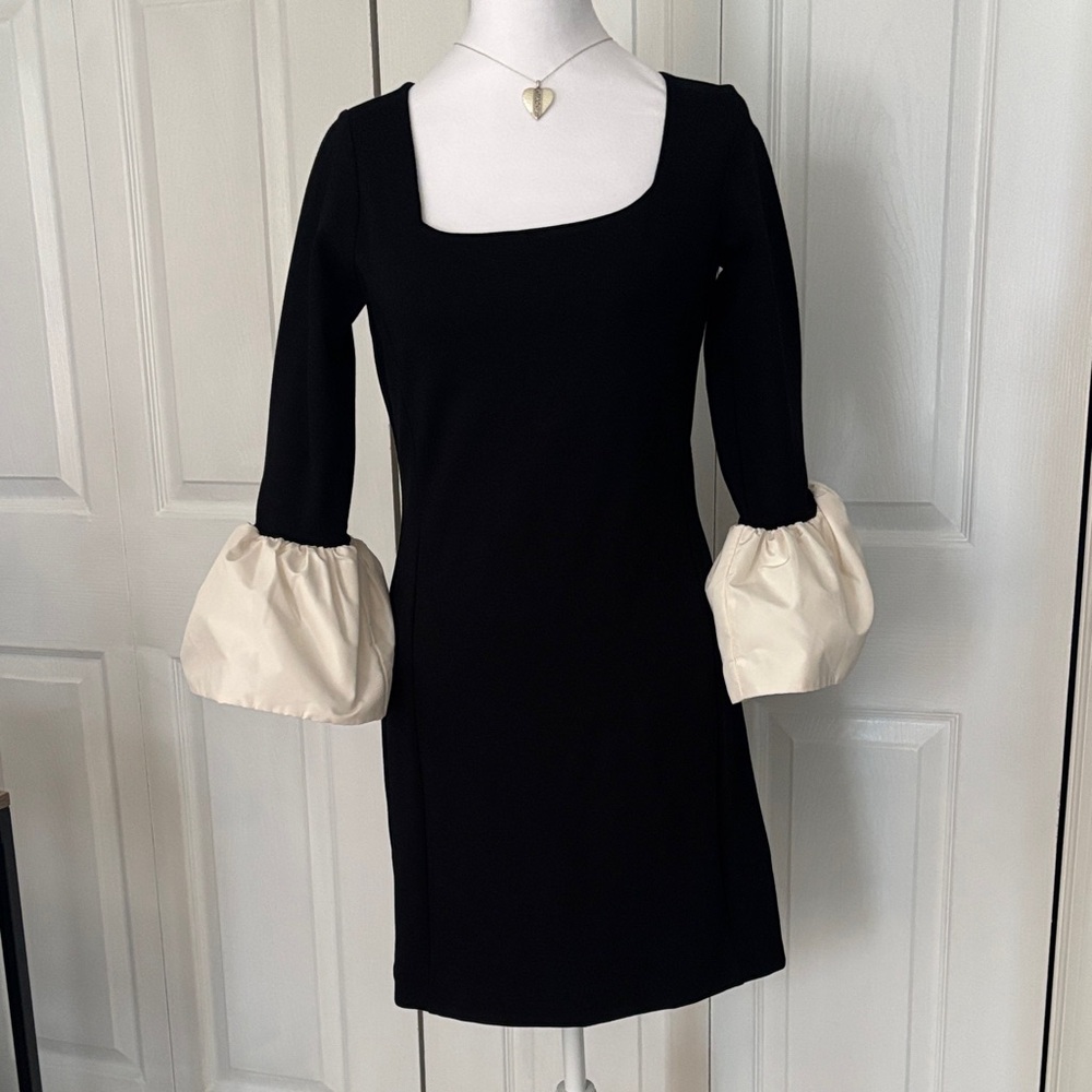 LOFT Black Dress with Cream Puff Sleeves